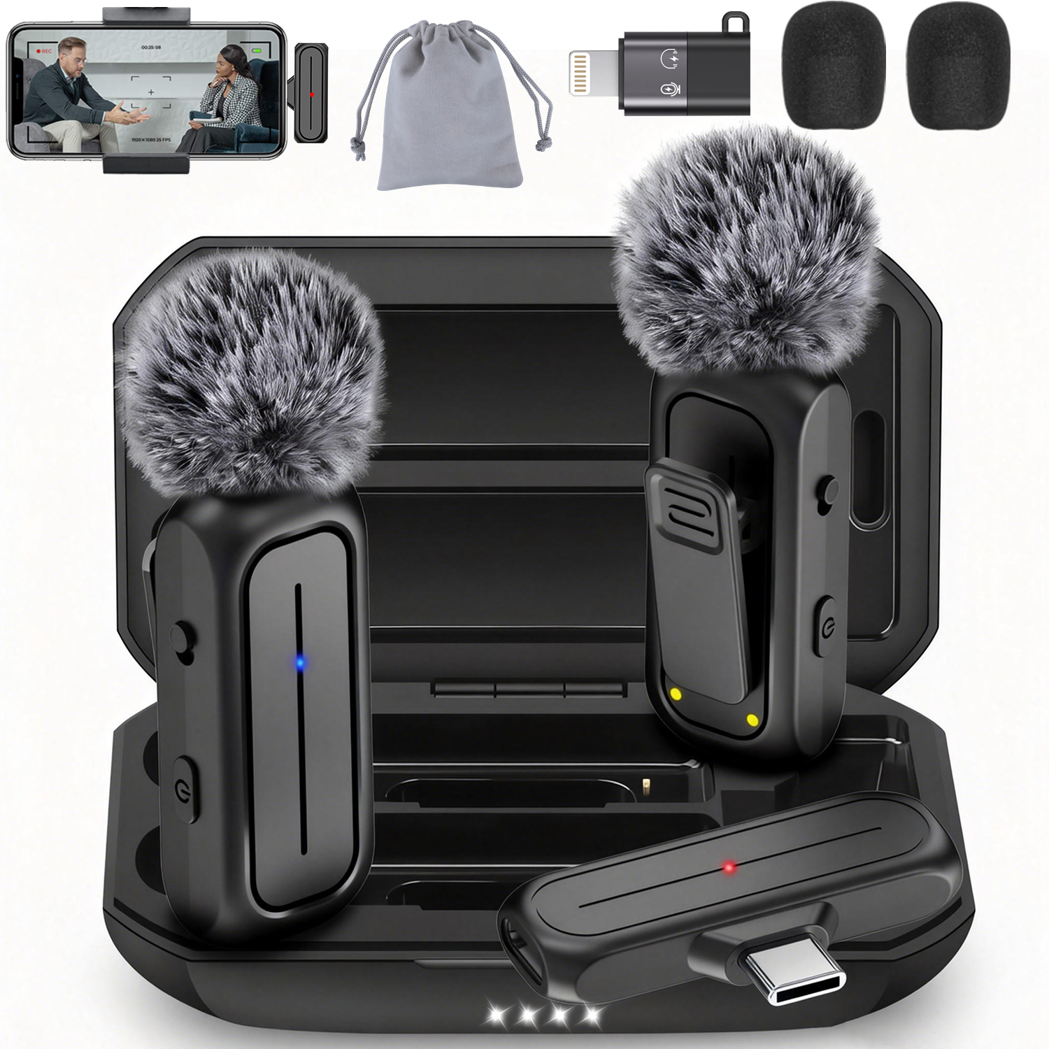 2-Pack Wireless Mini Lavalier Lapel Microphone for iPhone,Android Phone w/ Charging Case - 65ft Cordless Clip on Dual Mics with Noise Reduction 6H Working Time for Video Recording Vlogging,YouTube